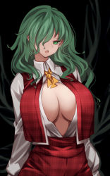 Rule 34 | 1girl, absurdres, breasts, cleavage, collared shirt, green eyes, green hair, highres, kazami yuuka, kazami yuuka (pc-98), large breasts, lips, long sleeves, looking at viewer, midriff peek, neckerchief, one eye covered, open clothes, open mouth, plaid, plaid skirt, plaid vest, pointy ears, raptor7, red eyes, red skirt, red vest, shirt, skirt, solo, touhou, touhou (pc-98), underboob, vest, white shirt, yellow neckwear