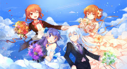 Rule 34 | 10s, 4girls, akatsuki (kancolle), alternate costume, bare shoulders, blue eyes, blue hair, bouquet, bow, bowtie, brown eyes, brown hair, choker, cloud, day, dress, elbow gloves, fang, flower, folded ponytail, gloves, hair flower, hair ornament, hairclip, holding hands, hibiki (kancolle), highres, ikazuchi (kancolle), inazuma (kancolle), kantai collection, lace, lace gloves, looking at viewer, multiple girls, necktie, one eye closed, open mouth, parted lips, plaid, plaid necktie, plaid neckwear, purple eyes, purple hair, ribbon, rose, sky, tuxedo, wedding dress, yetworldview kaze