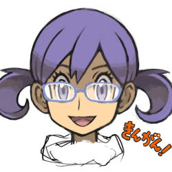 Rule 34 | 1girl, :d, commentary request, eyelashes, glasses, hair between eyes, looking at viewer, lowres, open mouth, original, portrait, purple-framed eyewear, purple eyes, purple hair, short hair, short twintails, simple background, sketch, smile, solo, sugimori ken, text focus, tongue, translated, twintails, upper body, white background