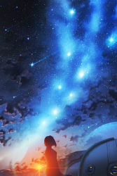 Rule 34 | 1other, absurdres, cloud, cloudy sky, commentary request, highres, kenzo 093, looking up, mountainous horizon, night, night sky, original, red sky, scenery, shooting star, short hair, sky, star (sky), starry sky, sunlight, sunset