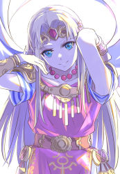 Rule 34 | 1girl, armor, armpit peek, arms up, bead necklace, beads, belt, blonde hair, blue eyes, bracer, closed mouth, collarbone, cowboy shot, forehead jewel, gem, head tilt, highres, jewelry, long hair, looking at viewer, necklace, nintendo, parted bangs, pauldrons, princess zelda, red gemstone, short sleeves, shoulder armor, simple background, smile, solo, straight hair, super smash bros., tabard, the legend of zelda, the legend of zelda: a link between worlds, the legend of zelda: a link to the past, tiara, tomas (kaosu22), very long hair, white background
