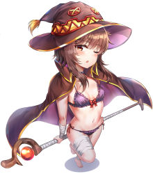 Rule 34 | 1girl, :o, absurdres, bandages, bikini, blush, bow, bow bikini, breasts, brown cape, brown eyes, brown hair, brown hat, cape, choker, collared cape, commentary, full body, hat, highres, holding, holding staff, kono subarashii sekai ni shukufuku wo!, leg strap, looking at viewer, megumin, one eye closed, open mouth, purple bikini, revision, short hair with long locks, sidelocks, simple background, small breasts, solo, staff, standing, standing on one leg, sunhyun, swimsuit, thigh strap, white background, witch hat