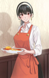 Rule 34 | 1girl, absurdres, apron, black hair, black skirt, blush, closed mouth, collared shirt, cooking, dress shirt, hairband, highres, holding, holding plate, indoors, long sleeves, looking at viewer, low ponytail, plate, red apron, red eyes, shirt, skirt, sleeves rolled up, smile, solo, spy x family, sweatdrop, tonton utaro, v-shaped eyebrows, white hairband, white shirt, yor briar