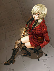 Rule 34 | 1girl, black necktie, blonde hair, boots, breasts, brown footwear, brown gloves, chair, copyright request, cross-laced footwear, crossed legs, dutch angle, eyepatch, female focus, full body, gloves, glowing, glowing weapon, green eyes, hair over one eye, indoors, katana, knee boots, lace-up boots, long sleeves, looking at viewer, medium breasts, miniskirt, necktie, parted lips, pencil skirt, red skirt, short hair, sitting, skirt, skull, solo, stool, sword, thighhighs, thighs, uniform, weapon, yuki hayabusa, zettai ryouiki