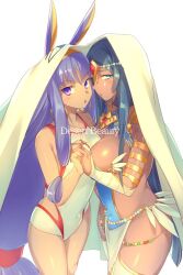 Rule 34 | 2girls, animal ears, arm wrap, armlet, armor, bandaged arm, bandages, bare shoulders, black hair, blue armor, breastplate, breasts, bridal gauntlets, circlet, cleavage, collarbone, covered navel, dark-skinned female, dark skin, earrings, echo (circa), facepaint, facial mark, fate/grand order, fate (series), feathers, forehead jewel, green eyes, hairband, highleg, highleg swimsuit, holding hands, hoop earrings, jackal ears, jewelry, large breasts, long hair, looking at viewer, medium breasts, multiple girls, nitocris (fate), nitocris (fate/grand order), nitocris (swimsuit assassin) (fate), nitocris (swimsuit assassin) (second ascension) (fate), one-piece swimsuit, open mouth, parted bangs, pauldrons, pelvic curtain, purple eyes, purple hair, scheherazade (fate), shoulder armor, sidelocks, swimsuit, thighlet, thighs, very long hair