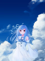 Rule 34 | 1girl, absurdres, aho whale, ahoge, arms at sides, blue hair, blue ribbon, blue sky, closed mouth, cloud, commentary, detached sleeves, dress, fading, floating hair, flower knot, hair ornament, hair ribbon, highres, kotonoha aoi, light blush, long hair, looking at viewer, neck ribbon, pink eyes, ribbon, sailor collar, sidelocks, sky, sleeveless, sleeveless dress, sleeves past fingers, sleeves past wrists, smile, solo, swept bangs, transparent, voiceroid, white dress, white sailor collar, wide sleeves, x hair ornament
