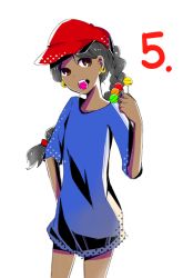 Rule 34 | 1girl, artist request, baseball cap, bike shorts, black hair, blue shirt, braid, brown eyes, candy, cartoon network, codename: kids next door, dark skin, food, food in mouth, hand on own hip, hat, holding, holding food, lollipop, long hair, looking at viewer, numbuh 5, open mouth, oversized clothes, oversized shirt, red hat, shirt, short sleeves, shorts, smile, teeth, white background