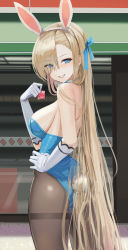Rule 34 | 1girl, absurdres, animal ears, ass, asuna (blue archive), asuna (bunny) (blue archive), bare shoulders, blue archive, blue eyes, blue leotard, blush, breasts, brown pantyhose, condom, condom wrapper, detached collar, dolri, elbow gloves, fake animal ears, gloves, hair over one eye, highleg, highleg leotard, highres, large breasts, leotard, light brown hair, long hair, looking at viewer, looking back, pantyhose, playboy bunny, rabbit ears, rabbit tail, solo, tail, thighs, white gloves