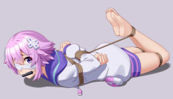 Rule 34 | 1girl, absurdres, bare legs, barefoot, bdsm, blindfold, bondage, bound, bound arms, commission, d-pad, d-pad hair ornament, feet, gagged, hair between eyes, hair ornament, highres, looking at another, neptune (neptunia), neptune (series), no shoes, parka, purple eyes, purple hair, restrained, rope, short hair, sidelocks, simple background, soles, solo, toes, wo cao xiao