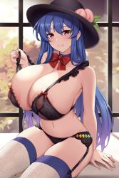 Rule 34 | 1girl, absurdres, alternate breast size, areola slip, black bra, black panties, blue hair, bow, bowtie, bra, breasts, closed mouth, commentary request, food, fruit, garter straps, highres, hinanawi tenshi, huge breasts, kannko bokujou, long hair, looking at viewer, navel, panties, peach, red bow, red bowtie, red eyes, sitting, smile, thighhighs, touhou, underwear, white thighhighs