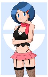 Rule 34 | bare shoulders, black legwear, black panties, blue eyes, blue hair, breasts, cleavage, cosplay, creatures (company), dawn (pokemon), dawn (pokemon) (cosplay), fishnets, g-string, game freak, highres, hypnosis, jimryu, johanna (pokemon), large breasts, lingerie, microskirt, midriff, milf, mind control, miniskirt, nintendo, panties, pokemon, pokemon (anime), pokemon dppt (anime), pose, scarf, simple background, skirt, smile, thighhighs, thighs, thong, underwear, whale tail, wide hips