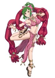Rule 34 | 1girl, absurdres, anklet, armpits, bow, breasts, cleavage, dancer, ebinku, fire emblem, fire emblem: genealogy of the holy war, full body, green eyes, green hair, grin, hair bow, high heels, highres, jewelry, lene (fire emblem), long hair, midriff, navel, nintendo, pink bow, ponytail, sandals, simple background, smile, solo, white background