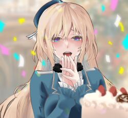 Rule 34 | 1girl, asyuri, atago (kancolle), blonde hair, blue eyes, blue hat, blush, breasts, cake, food, frilled sleeves, frills, fur collar, hair between eyes, hat, highres, kantai collection, large breasts, long hair, long sleeves, military, military uniform, open mouth, smile, uniform