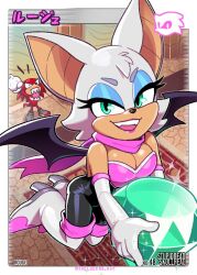 Rule 34 | 1boy, 1girl, angry, bat wings, boots, breasts, cleavage, desert, elbow gloves, flying, furious, furry, furry female, furry male, gloves, green eyes, high heel boots, high heels, knuckles the echidna, large breasts, lipstick, looking at viewer, makeup, master emerald, mike luckas, open mouth, pink lips, pink scarf, rouge the bat, scarf, smile, sonic (series), sonic adventure 2, thigh boots, white footwear, white gloves, wings