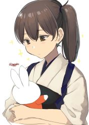 Rule 34 | 1girl, brown eyes, brown hair, doll, highres, holding, holding doll, japanese clothes, kaga (kancolle), kantai collection, long hair, looking at doll, masukuza j, miffy, miffy (character), muneate, side ponytail, simple background, solo, tasuki, twitter username, upper body, white background