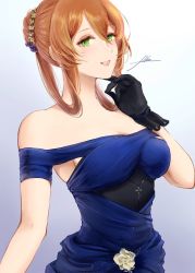 Rule 34 | 1girl, artist name, bare shoulders, black gloves, blue dress, breasts, dress, dress flower, filha, flower, girls&#039; frontline, gloves, green eyes, grey background, hair ornament, hand up, lips, long hair, looking at viewer, medium breasts, official alternate costume, open mouth, orange hair, rose, solo, springfield (girls&#039; frontline), springfield (queen in radiance) (girls&#039; frontline), standing, white flower, white rose