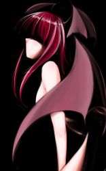 Rule 34 | 1girl, abstract, black background, breasts, covered eyes, demon wings, head wings, highres, koakuma, leaning forward, long hair, no mouth, nude, profile, red hair, retasu, shadow, simple background, solo, touhou, wing censor, wings