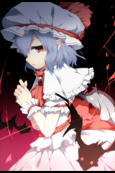 Rule 34 | 1girl, ascot, bat (animal), bat wings, blouse, blue hair, bow, brooch, cowboy shot, frills, hat, hat bow, highres, jewelry, letterboxed, looking at viewer, mob cap, nejime, open mouth, own hands together, profile, red eyes, remilia scarlet, sash, shirt, short hair, skirt, skirt set, solo, touhou, wings, wrist cuffs