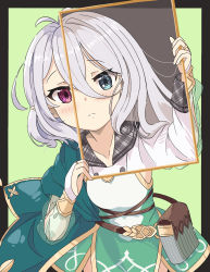 Rule 34 | 1girl, absurdres, antenna hair, asymmetrical hair, bag, blue eyes, blush, border, commentary, detached sleeves, dress, frown, green background, hair between eyes, heterochromia, highres, holding, holding mirror, kokkoro (princess connect!), kokkoro (real) (princess connect!), long hair, long sleeves, looking at viewer, melerdon, mirror, pointy ears, princess connect!, puffy sleeves, red eyes, shirt, short hair, white border, white dress, white hair, white shirt