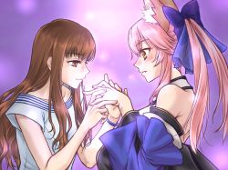 Rule 34 | 10s, 2girls, animal ear fluff, animal ears, bare shoulders, blue bow, blush, bow, brown eyes, brown hair, collarbone, commentary request, detached sleeves, fang, fate/extella, fate/extra, fate (series), fox ears, from side, hair bow, highres, holding hands, jewelry, kishinami hakuno (female), long hair, motonaka kei, multiple girls, pink hair, profile, ring, smile, tamamo (fate), tamamo no mae (fate/extra), upper body, yellow eyes, yuri