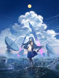 Rule 34 | 1girl, arm armor, bandage over one eye, barefoot, blue hair, blue sky, cast, cloud, cloudy sky, commentary, full moon, halo, highres, kurohal, long hair, looking at viewer, moon, on roof, original, outdoors, radar, rooftop, scenery, sky, solo, standing, town, two-tone dress, wings, wrist guards