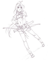 Rule 34 | 1girl, apple, arrow (projectile), belt, bike shorts, boots, bow (weapon), food, food as clothes, fruit, full body, greyscale, hunter (ragnarok online), legs, long hair, looking away, midriff, monochrome, navel, nyaou, ponytail, ragnarok online, serious, solo, standing, thigh strap, weapon, white hair