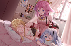 Rule 34 | 3girls, alternate costume, animal ears, arm support, backlighting, bed, bed sheet, bent over, blonde hair, breasts, cameo, casual, cheek poking, cherry blossoms, cleavage, collarbone, commentary request, curtains, detached sleeves, drooling, fox ears, fox girl, framed image, genshin impact, grey hair, hair between eyes, hair ornament, highres, japanese clothes, keqing (genshin impact), keqing (opulent splendor) (genshin impact), long hair, long sleeves, looking at another, lumine (genshin impact), lying, multiple girls, nontraditional miko, on back, on side, paimon (genshin impact), pajamas, pencil skirt, petals, photo (object), pillow, pink hair, poking, purple eyes, raiden shogun, ribbon-trimmed sleeves, ribbon trim, short hair, short sleeves, side slit, sidelocks, skirt, skym (kumei), sleeping, sunlight, waking up, white hair, wide sleeves, window, yae miko