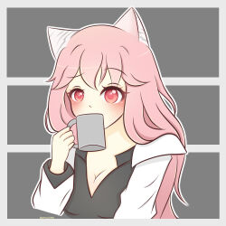 Rule 34 | 1girl, animal ears, artsykittty, black shirt, blush, border, breasts, cat ears, cleavage, coffee mug, commentary, commission, cup, english commentary, girls&#039; frontline, grey background, hair between eyes, holding, holding cup, lab coat, long hair, long sleeves, medium breasts, mug, persica (girls&#039; frontline), pink hair, raised eyebrow, red eyes, shirt, simple background, solo, twitter username, upper body, white border