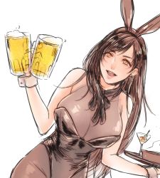 Rule 34 | 1girl, alcohol, alternate costume, animal ears, bare shoulders, bartender, beer, black hair, black leotard, black pantyhose, breasts, cleavage, cocktail glass, cup, drinking glass, earrings, fake animal ears, final fantasy, final fantasy vii, final fantasy vii remake, halterneck, highres, holding, holding cup, holding plate, jewelry, large breasts, leotard, long hair, lower teeth only, newwellie, open mouth, pantyhose, plate, playboy bunny, rabbit ears, red eyes, simple background, solo, teeth, tifa lockhart, upper body, upper teeth only, white background, wrist cuffs