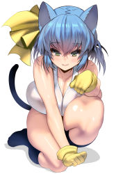 Rule 34 | 1girl, animal ears, blue hair, bow, breasts, breasts on lap, cat ears, cat tail, cleavage, covered erect nipples, curvy, fangs, gloves, green eyes, hair between eyes, hair bow, highres, kouno (masao), large breasts, on one knee, original, paw pose, short hair, solo, tail, white background, yellow gloves