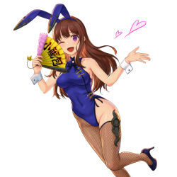 Rule 34 | 1girl, ;d, animal ears, asymmetrical legwear, bare shoulders, blue high heels, blue leotard, blush, bow, bowtie, breasts, brown hair, chinese clothes, covered navel, fake animal ears, female focus, fishnet thighhighs, fishnets, folding fan, hand fan, hands up, heart, high heels, holding, holding fan, leotard, long hair, looking at viewer, medium breasts, one eye closed, open mouth, original, pantyhose, playboy bunny, purple eyes, rabbit ears, shouhei, simple background, single leg pantyhose, single thighhigh, sleeveless, sleeveless leotard, smile, solo, thighhighs, uneven legwear, white background, wink, wrist cuffs