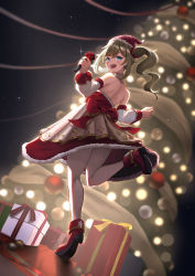 Rule 34 | 1girl, :d, alternate costume, back, barbara (genshin impact), bare shoulders, blonde hair, blue eyes, bow, christmas, christmas tree, detached sleeves, dress, drill hair, full body, genshin impact, gift, highres, idol, leg up, long sleeves, may9, merry christmas, microphone, open mouth, pantyhose, red dress, smile, solo, twin drills, twintails, white pantyhose