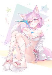 Rule 34 | 1girl, :3, absurdres, animal ear fluff, animal ears, antenna hair, bikini, blush, braid, breasts, bust cup, chemical structure, choker, cleavage, flower choker, flower collar, frilled bikini, frilled choker, frills, glasses, hakui koyori, hakui koyori (summer), head tilt, highres, holding, holding test tube, hololive, hood, hoodie, knees up, lab coat, licking lips, looking at viewer, medium breasts, medium hair, null suke, open clothes, open hoodie, pearl choker, pink hair, pink nails, pink tail, pink trim, platform footwear, purple eyes, red-framed eyewear, sandals, sitting, smile, solo, swimsuit, tail, test tube, tongue, tongue out, two-tone choker, virtual youtuber, wolf ears, wolf girl, wolf tail