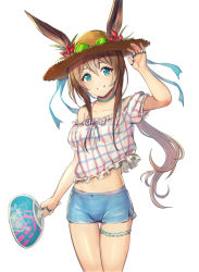 Rule 34 | 1girl, amiya (arknights), animal ears, arknights, arm up, bare shoulders, blue eyes, blue ribbon, blue shorts, brown hair, choker, cowboy shot, crop top, crop top overhang, ears through headwear, eyewear on headwear, flower, frilled shirt, frills, grin, hand fan, hat, hat flower, jewelry, long hair, looking at viewer, midriff, multiple rings, off-shoulder shirt, off shoulder, plaid, plaid shirt, ponytail, rabbit ears, red flower, ribbon, ring, shirt, short shorts, short sleeves, shorts, simple background, smile, solo, stomach, straw hat, sunglasses, sunglasses on head, thigh strap, thighs, white background, white shirt, yoruhachi