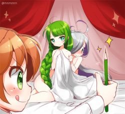 Rule 34 | 10s, 3girls, :p, :q, ahoge, akigumo (kancolle), asashimo (kancolle), bed sheet, blanket, blush, braid, brown hair, covering privates, covering with blanket, green eyes, green hair, grey eyes, hair over one eye, hiding, hiding behind another, kantai collection, licking, long hair, minami (apricot tea), modeling, mole, mole under eye, multiple girls, naked sheet, nude, nude modeling, pencil, silver hair, single braid, smile, sparkle, tongue, tongue out, very long hair, yuugumo (kancolle)