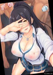 Rule 34 | 1girl, bar censor, black hair, blush, breasts, censored, cleavage, collarbone, commentary request, condom, covered erect nipples, covering face, dog tags, dress shirt, green skirt, hair between eyes, highres, idolmaster, idolmaster shiny colors, large breasts, long hair, looking at viewer, male masturbation, masturbation, multiple boys, necktie, parted lips, peeking through fingers, penis, plaid, plaid skirt, pleated skirt, ponytail, reaching, reaching towards viewer, school uniform, see-through, selfie, shirase sakuya, shirt, shukurimu, skirt, sleeves rolled up, smile, solo focus, thighs, wet, wet clothes, yellow eyes