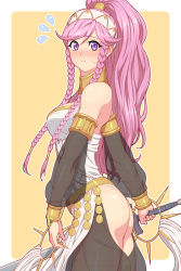Rule 34 | 1girl, ass, braid, closed mouth, fire emblem, fire emblem awakening, flying sweatdrops, from side, hairband, highres, ibushi king, long hair, looking back, nintendo, olivia (fire emblem), pink eyes, pink hair, ponytail, see-through, see-through sleeves, simple background, solo, sword, twin braids, weapon