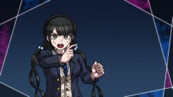 Rule 34 | 1girl, black hair, black hairband, black jacket, blue background, blue necktie, cardigan, chabashira tenko, danganronpa (series), danganronpa v3: killing harmony, floating hair, green eyes, hairband, index finger raised, jacket, long hair, long sleeves, looking at viewer, mole, mole under mouth, necktie, official alternate costume, official style, open clothes, open jacket, open mouth, outstretched arm, school uniform, solo, striped necktie, striped neckwear, sweatdrop, twintails, upper body, white cardigan, yumaru (marumarumaru)