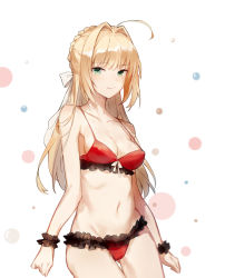 Rule 34 | 10s, 1girl, aiko (kanl), artist name, bad id, bad pixiv id, bikini, blonde hair, blush, bow, braid, breasts, closed mouth, collarbone, cowboy shot, fate/extra, fate (series), french braid, frills, green eyes, hair bow, hair intakes, highres, long hair, looking at viewer, medium breasts, navel, nero claudius (fate), nero claudius (fate) (all), nero claudius (fate/extra), red bikini, sidelocks, signature, smile, solo, swimsuit, thighs, white bow