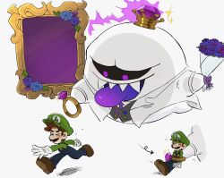 2boys blue_eyes blue_overalls brown_hair colored_tongue crown dark evil_smile facial_hair gloves green_shirt hat highres jewelry king_boo luigi luigi&#039;s_mansion luigi&#039;s_mansion_3 male_focus mario_(series) mimimi_(mimimim9999) multiple_boys nintendo overalls ring shirt smile tuxedo