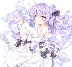 Rule 34 | 1girl, ahoge, azur lane, bare shoulders, black bow, black ribbon, blush, bow, closed mouth, commentary request, criss-cross halter, detached sleeves, dress, fingernails, hair between eyes, hair bun, hair ribbon, halterneck, long hair, long sleeves, looking at viewer, hugging object, one side up, pingo, purple eyes, purple hair, ribbon, see-through, side bun, single hair bun, single side bun, solo, stuffed animal, stuffed pegasus, stuffed toy, stuffed unicorn, stuffed winged unicorn, thighhighs, unicorn (azur lane), very long hair, white background, white dress, white thighhighs