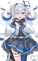 Rule 34 | 1girl, amane kanata, amane kanata (work), angel wings, black dress, black socks, blue hair, blue thighhighs, blush, colored inner hair, commentary request, cowboy shot, dress, fang, feathered wings, frilled dress, frills, gloves, hair between eyes, hair ornament, hair over one eye, hairclip, halo, heart, heart hands, highres, hololive, jacket, long hair, long sleeves, looking at viewer, low twintails, mini wings, multicolored hair, one eye closed, open clothes, open jacket, open mouth, partially fingerless gloves, pleated dress, puffy sleeves, purple eyes, simple background, single thighhigh, skin fang, socks, solo, standing, standing on one leg, star halo, thigh strap, thighhighs, twintails, two side up, virtual youtuber, water, white background, white footwear, white hair, white jacket, wings, yoru no yayoi