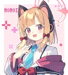 Rule 34 | 1girl, :3, animal ear headphones, animal ears, blonde hair, blue archive, blue necktie, blush, bow, cat ear headphones, character name, collared shirt, commentary, dress shirt, fake animal ears, hair bow, halo, hand on own chest, head tilt, headphones, highres, jacket, looking at viewer, momoi (blue archive), necktie, off shoulder, open mouth, pink bow, pink eyes, red bow, school uniform, shirt, sidelocks, smile, solo, teeth, upper body, upper teeth only, white shirt, wide sleeves, zoirun