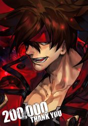 Rule 34 | 1boy, :d, arc system works, black shirt, brown eyes, brown hair, english text, guilty gear, headband, hungry clicker, jacket, long hair, looking at viewer, male focus, manly, milestone celebration, open mouth, red jacket, sanpaku, shirt, smile, sol badguy, solo, thank you
