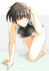 Rule 34 | 1girl, all fours, amagami, barefoot, black eyes, black hair, blush, breasts, competition swimsuit, female focus, hand to head, highres, kneeling, large breasts, long hair, looking to the side, one-piece swimsuit, ponytail, pool, sasaki akira (ugc), smile, solo, swimsuit, thighs, tsukahara hibiki, water