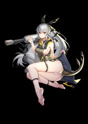 Rule 34 | 1girl, ankle strap, arknights, ass, bare arms, bare shoulders, barefoot, black background, breasts, cannon, dress, feet, full body, grey dress, hairband, highres, long hair, looking at viewer, low-tied long hair, medium breasts, no bra, panties, red eyes, sideboob, silver hair, simple background, sitting, sleeveless, sleeveless dress, smile, soles, solo, tail, thigh strap, thighs, toes, underwear, v-shaped eyebrows, very long hair, weedy (arknights), white panties, yin lan xue