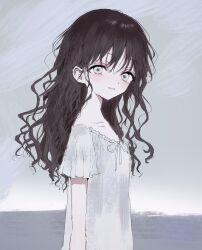 Rule 34 | 1girl, black hair, blush, check copyright, copyright request, dress, grey dress, grey eyes, grey sky, highres, light smile, long hair, looking at viewer, original, outdoors, parted lips, sky, solo, upper body, wavy hair, yuyuyuyhz