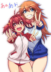 Rule 34 | 2girls, :d, blue eyes, brown hair, buruma, charlotte e. yeager, creator connection, crossover, double v, grin, gym uniform, hand on another&#039;s shoulder, isshiki akane, jacket, long hair, michairu, multiple girls, open mouth, orange hair, red eyes, scrunchie, smile, strike witches, track jacket, unzipped, v, vividred operation, world witches series