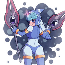 Rule 34 | 1girl, android, blue eyes, blush, bodysuit, breasts, dual wielding, from behind, helmet, holding, holding weapon, large breasts, fairy leviathan (mega man), looking at viewer, looking back, mega man (series), mega man zero (series), smile, solo, spear, thighhighs, turning head, weapon, wide hips