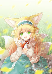 Rule 34 | 1girl, absurdres, animal ear fluff, animal ears, arknights, artist name, blonde hair, blue hairband, blue skirt, blush, cardigan, commentary, food, food art, fork, fox ears, fox girl, fox tail, frilled hairband, frills, green eyes, hair ornament, hair scrunchie, hairband, hands up, highres, holding, holding fork, kitsune, kyuubi, long hair, looking at viewer, multicolored hair, multiple tails, neck ribbon, official alternate costume, open cardigan, open clothes, open mouth, outdoors, red ribbon, ribbon, scrunchie, shirt, signature, skirt, sleeve cuffs, smari ibis, solo, spring (season), stitches, suzuran (arknights), suzuran (spring praise) (arknights), tail, tako-san wiener, teeth, two-tone hair, upper teeth only, very long hair, white hair, white shirt, yellow cardigan